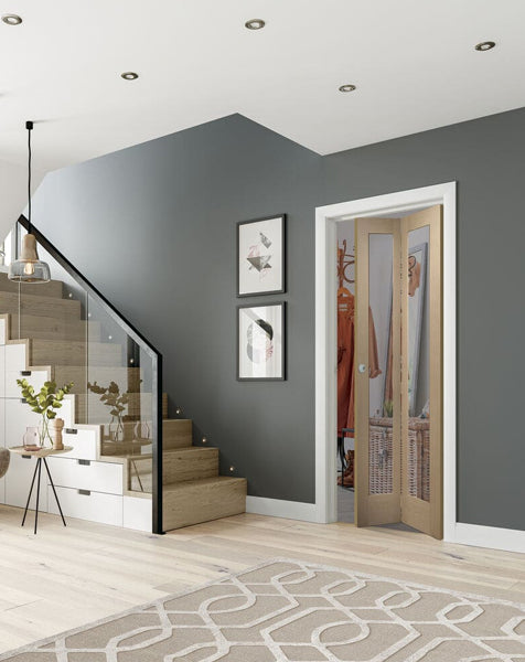 Pattern 10 Bi-Fold Unfinished Oak Door with Clear Glass