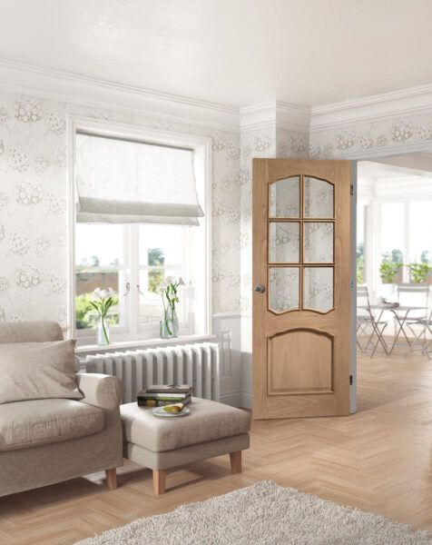 Riviera Unfinished Oak Door With Raised Mouldings and Clear Bevelled Glass